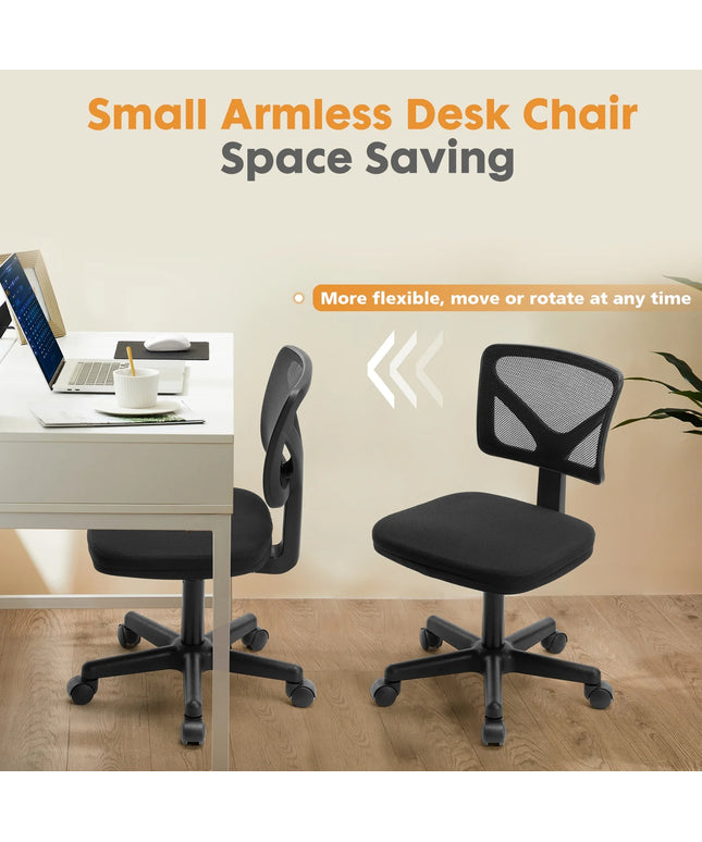 JONPONY Home Office Desk Chair, Armless Mesh Computer Chair for Small Space, Swivel Adjustable Low Back for Teens/Adults, Black