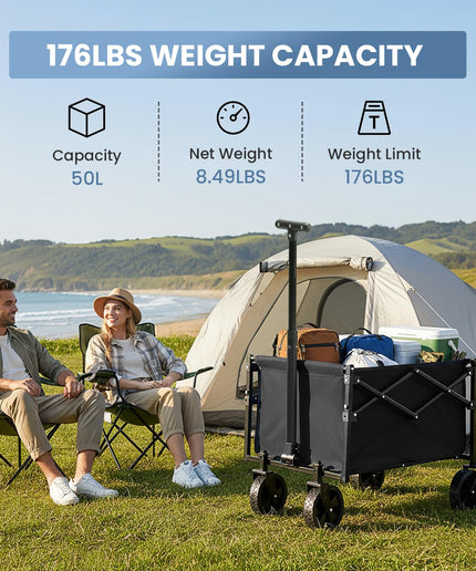 JONPONY Collapsible Wagon Cart with Wheels 220 lbs Capacity, Heavy Duty Mini Foldable Portable Wagon with Adjustable Handle, Small Foldable Cart for Camping, Garden, Sports, Beach, Shopping (Black)