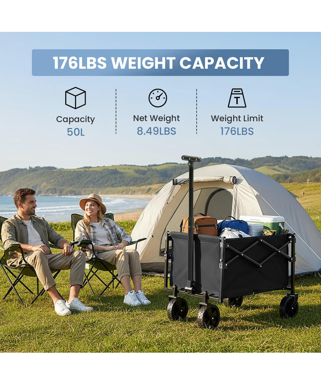JONPONY Collapsible Wagon Cart with Wheels 220 lbs Capacity, Heavy Duty Mini Foldable Portable Wagon with Adjustable Handle, Small Foldable Cart for Camping, Garden, Sports, Beach, Shopping (Black)