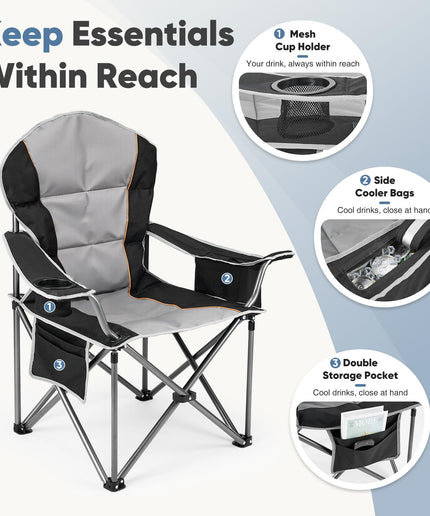 JONPONY Camping Folding Chairs, Outdoor Heavy Duty Chairs with Cup Holder and Cooler Bag, Collapsible Padded Portable Camping Chair for Garden Beach Fishing Sports, Black