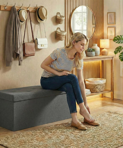 JONPONY Multi-functional 30 inch Folding Storage Ottoman Bench, End of Bed Foot Rest Stool with Padded Seat, Bedroom Bench for Living Room, Holds up to 660 Lbs, Grey