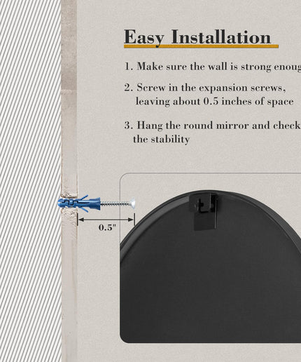 JONPONY 20-inch Black Round Wall Mirror, Circle Bathroom Mirrors with Metal Frame, Wall-Mounted Mirrors for Living Room, Bathroom, Entryway