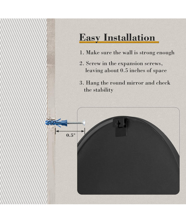 JONPONY 20-inch Black Round Wall Mirror, Circle Bathroom Mirrors with Metal Frame, Wall-Mounted Mirrors for Living Room, Bathroom, Entryway