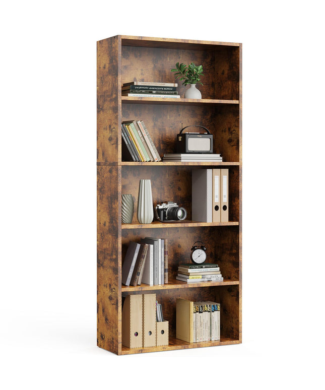 JONPONY Industrial 5 Shelf Bookcase - Large 53 Inch Tall Floor Standing Open Bookshelf with Anti-Tipping Device for Home Office, Living Room, and Bedroom Storage, Rustic Brown