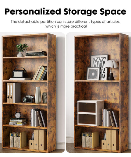 JONPONY Industrial 5 Shelf Bookcase - Large 53 Inch Tall Floor Standing Open Bookshelf with Anti-Tipping Device for Home Office, Living Room, and Bedroom Storage, Rustic Brown