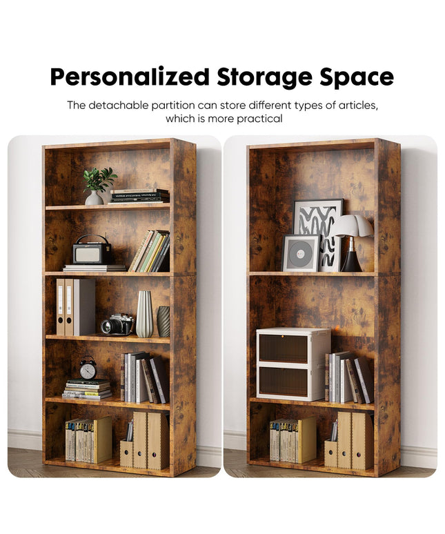 JONPONY Industrial 5 Shelf Bookcase - Large 53 Inch Tall Floor Standing Open Bookshelf with Anti-Tipping Device for Home Office, Living Room, and Bedroom Storage, Rustic Brown