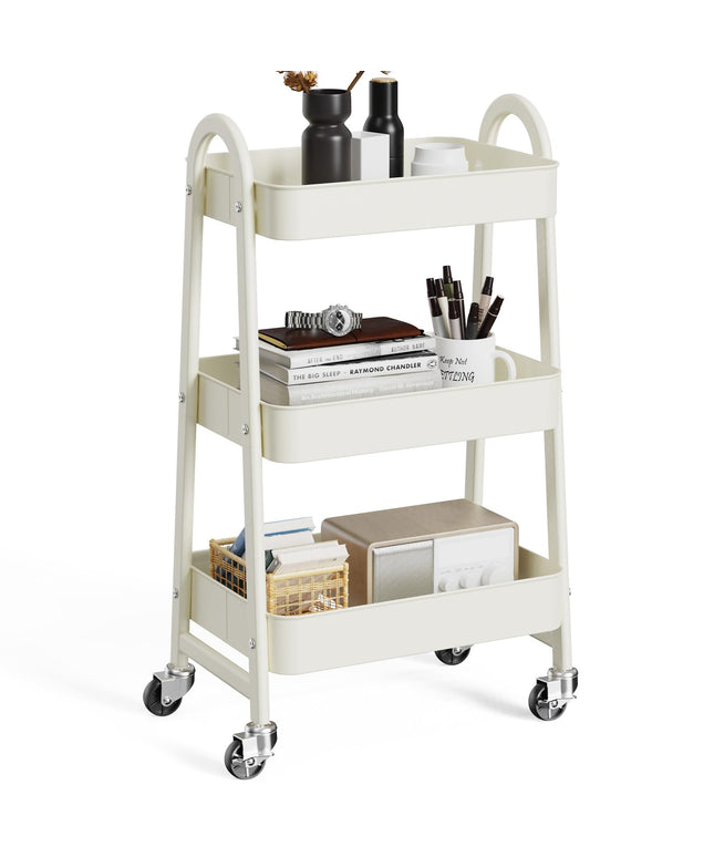 JONPONY Metal 3 Tiers Utility Rolling Cart with Lockable Caster Wheels, Mobile Storage Shelf, Organization for Livingroom, Bathroom & Narrow Places