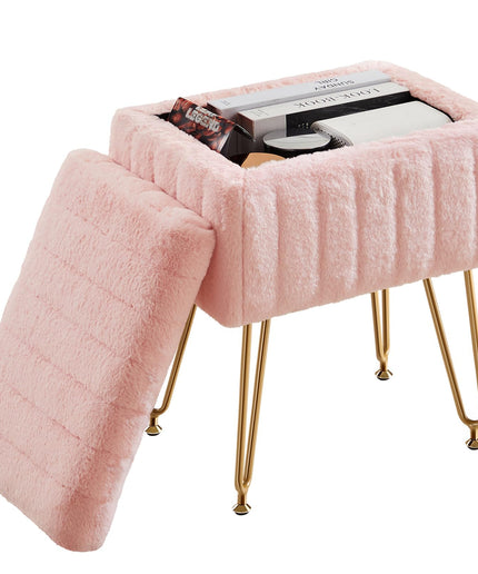JONPONY Stool Chair with Storage, Small Ottoman Faux Fur Soft Padded Footstools Seat with 4 Metal Legs Anti-Slip Adjustable Feet Modern Footrest for Home Entryway Bedroom Makeup