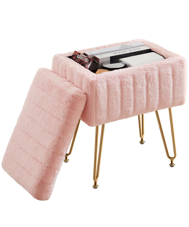 JONPONY Stool Chair with Storage, Small Ottoman Faux Fur Soft Padded Footstools Seat with 4 Metal Legs Anti-Slip Adjustable Feet Modern Footrest for Home Entryway Bedroom Makeup