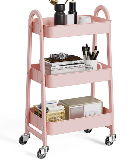 JONPONY Metal 3 Tiers Utility Rolling Cart with Lockable Caster Wheels, Mobile Storage Shelf, Organization for Livingroom, Bathroom & Narrow Places