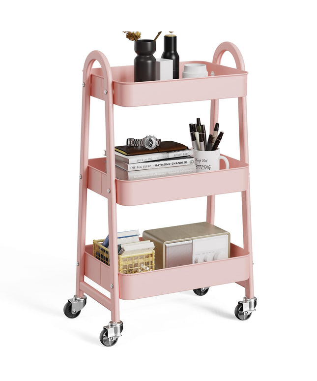 JONPONY Metal 3 Tiers Utility Rolling Cart with Lockable Caster Wheels, Mobile Storage Shelf, Organization for Livingroom, Bathroom & Narrow Places
