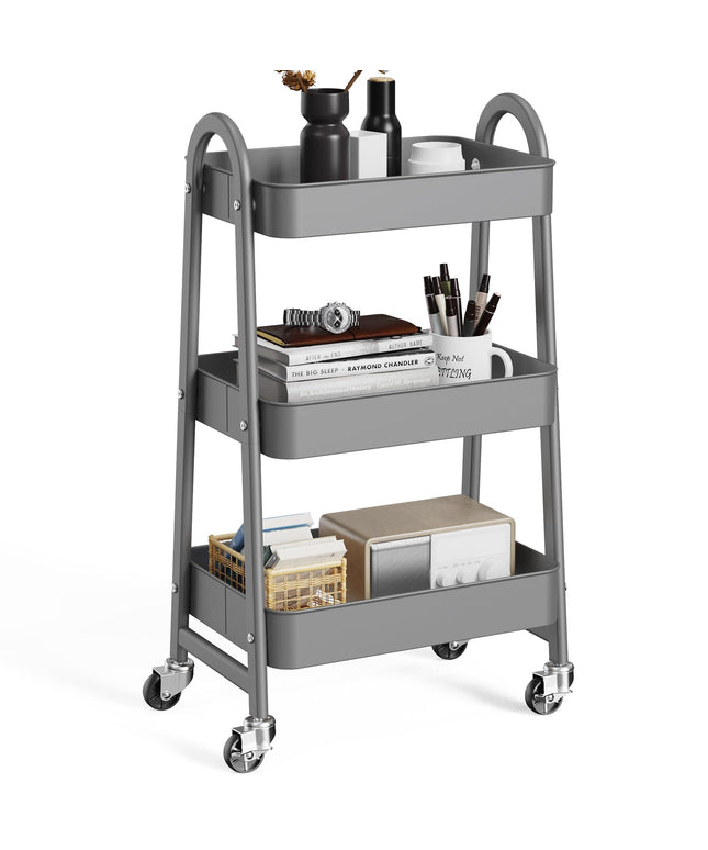 JONPONY Metal 3 Tiers Utility Rolling Cart with Lockable Caster Wheels, Mobile Storage Shelf, Organization for Livingroom, Bathroom & Narrow Places