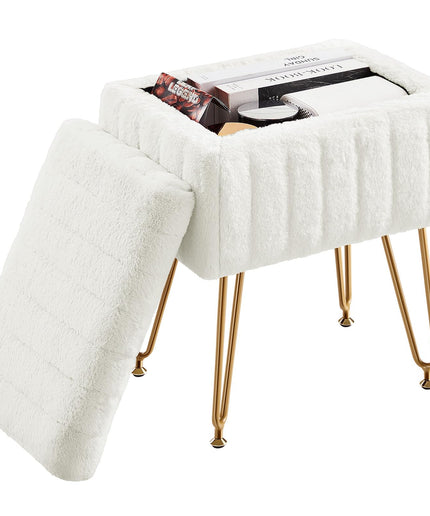 JONPONY Stool Chair with Storage, Small Ottoman Faux Fur Soft Padded Footstools Seat with 4 Metal Legs Anti-Slip Adjustable Feet Modern Footrest for Home Entryway Bedroom Makeup