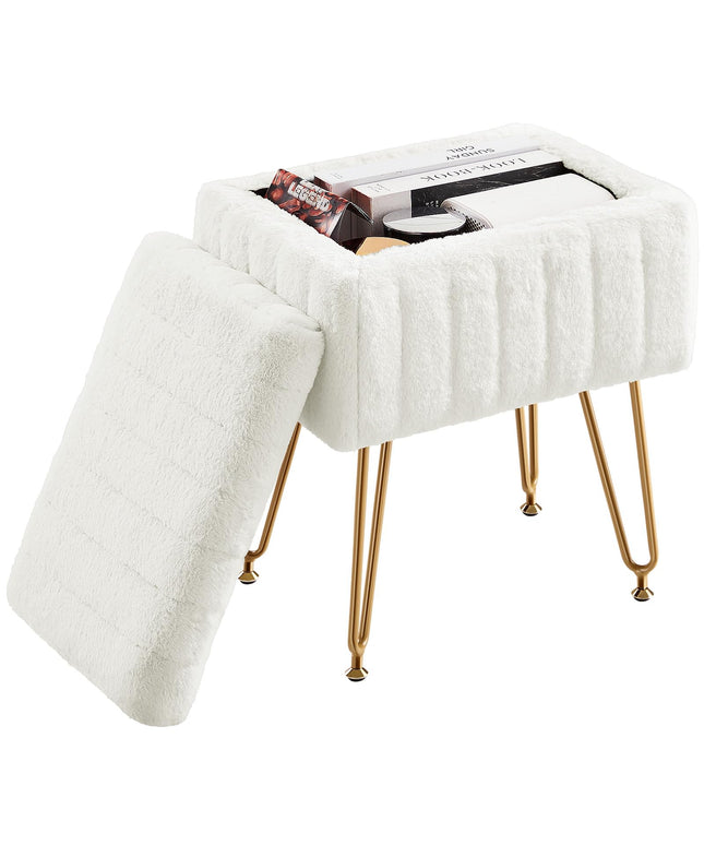 JONPONY Stool Chair with Storage, Small Ottoman Faux Fur Soft Padded Footstools Seat with 4 Metal Legs Anti-Slip Adjustable Feet Modern Footrest for Home Entryway Bedroom Makeup
