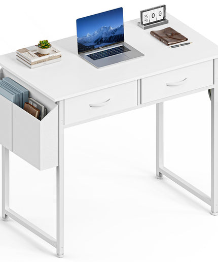 JONPONY Computer Desk Small 32 Inch Home Office Bedroom Writing Study PC Table with Fabric Storage Drawers Space Side Bag Headphone Hook Metal Frame Adjustable Feet Modern Simple Style, White Wood