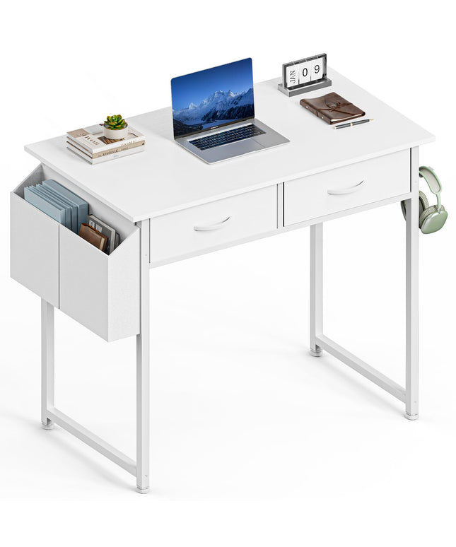 JONPONY Computer Desk Small 32 Inch Home Office Bedroom Writing Study PC Table with Fabric Storage Drawers Space Side Bag Headphone Hook Metal Frame Adjustable Feet Modern Simple Style, White Wood