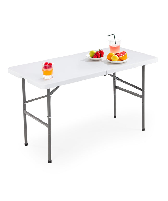 JONPONY 4 FT Folding Picnic Table, Heavy Duty Outdoor Plastic Table with Carrying Handle, Portable Camping Table for Dining, Party, BBQ, White