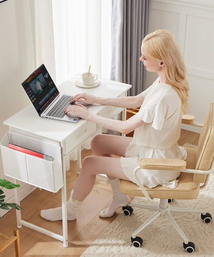 JONPONY Computer Desk Small 32 Inch Home Office Bedroom Writing Study PC Table with Fabric Storage Drawers Space Side Bag Headphone Hook Metal Frame Adjustable Feet Modern Simple Style, White Wood