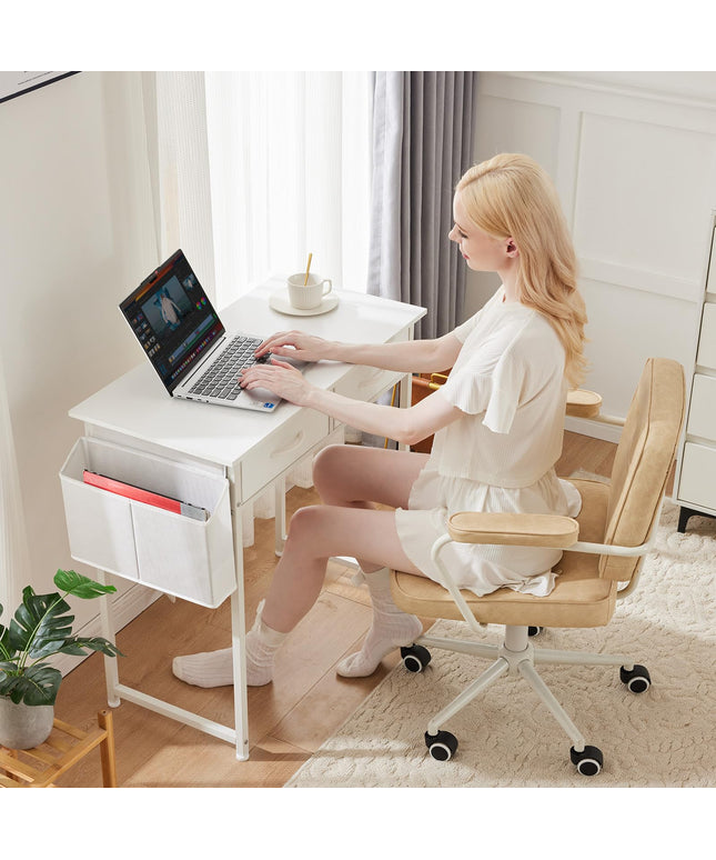 JONPONY Computer Desk Small 32 Inch Home Office Bedroom Writing Study PC Table with Fabric Storage Drawers Space Side Bag Headphone Hook Metal Frame Adjustable Feet Modern Simple Style, White Wood