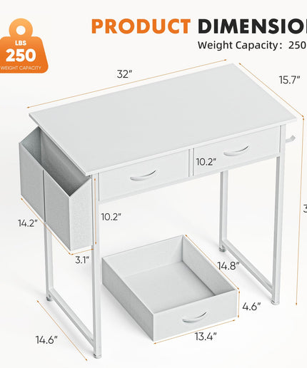JONPONY Computer Desk Small 32 Inch Home Office Bedroom Writing Study PC Table with Fabric Storage Drawers Space Side Bag Headphone Hook Metal Frame Adjustable Feet Modern Simple Style, White Wood