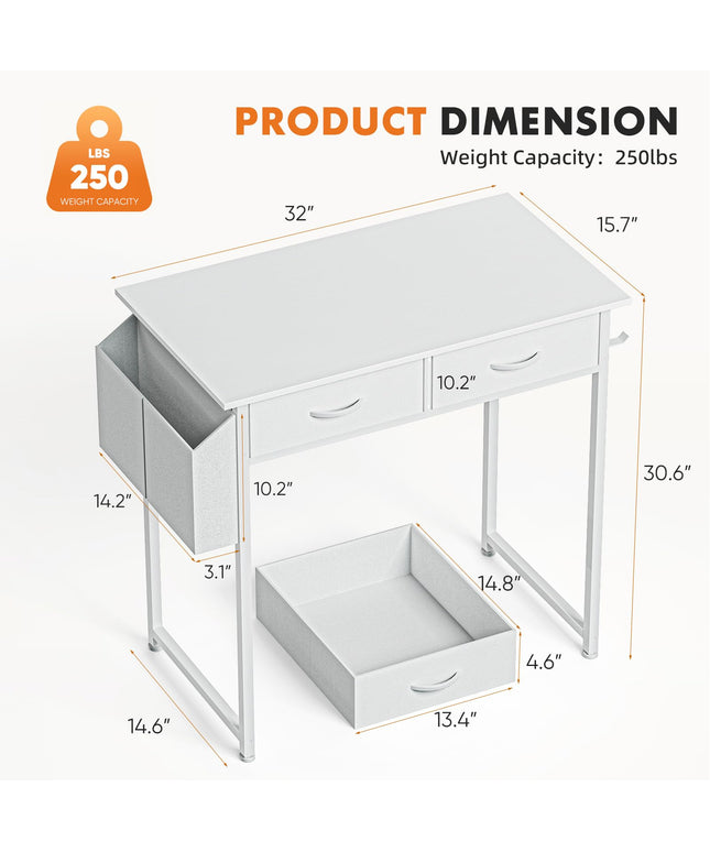 JONPONY Computer Desk Small 32 Inch Home Office Bedroom Writing Study PC Table with Fabric Storage Drawers Space Side Bag Headphone Hook Metal Frame Adjustable Feet Modern Simple Style, White Wood