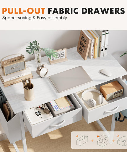 JONPONY Computer Desk Small 32 Inch Home Office Bedroom Writing Study PC Table with Fabric Storage Drawers Space Side Bag Headphone Hook Metal Frame Adjustable Feet Modern Simple Style, White Wood