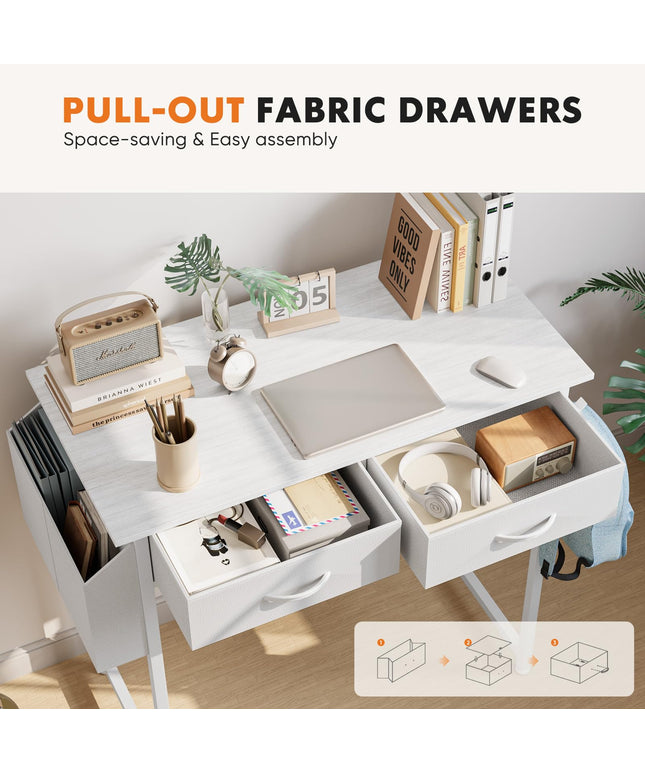 JONPONY Computer Desk Small 32 Inch Home Office Bedroom Writing Study PC Table with Fabric Storage Drawers Space Side Bag Headphone Hook Metal Frame Adjustable Feet Modern Simple Style, White Wood