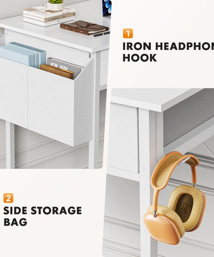 JONPONY Computer Desk Small 32 Inch Home Office Bedroom Writing Study PC Table with Fabric Storage Drawers Space Side Bag Headphone Hook Metal Frame Adjustable Feet Modern Simple Style, White Wood