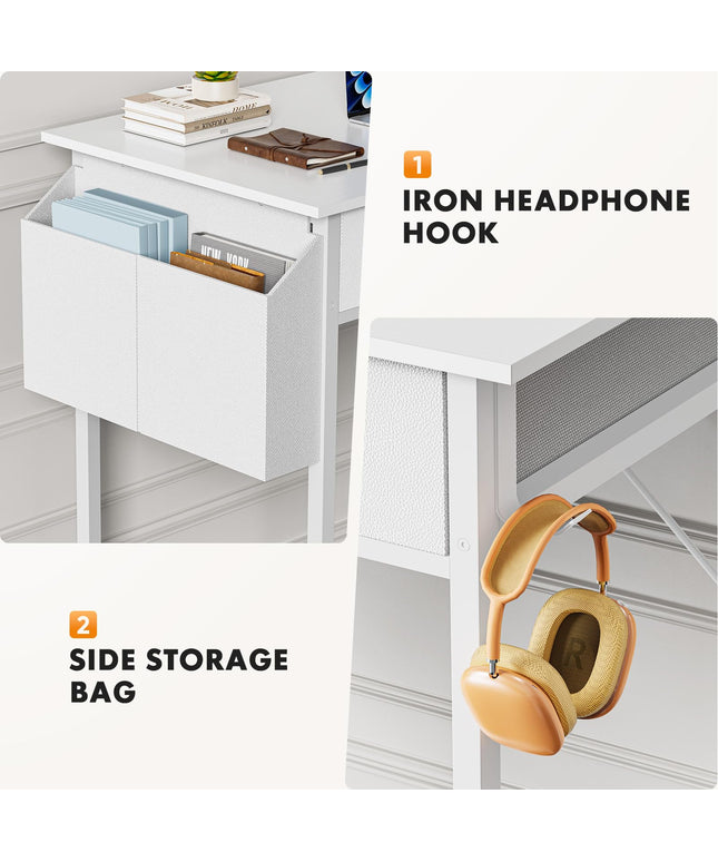 JONPONY Computer Desk Small 32 Inch Home Office Bedroom Writing Study PC Table with Fabric Storage Drawers Space Side Bag Headphone Hook Metal Frame Adjustable Feet Modern Simple Style, White Wood