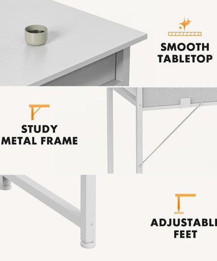 JONPONY Computer Desk Small 32 Inch Home Office Bedroom Writing Study PC Table with Fabric Storage Drawers Space Side Bag Headphone Hook Metal Frame Adjustable Feet Modern Simple Style, White Wood