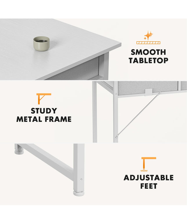 JONPONY Computer Desk Small 32 Inch Home Office Bedroom Writing Study PC Table with Fabric Storage Drawers Space Side Bag Headphone Hook Metal Frame Adjustable Feet Modern Simple Style, White Wood