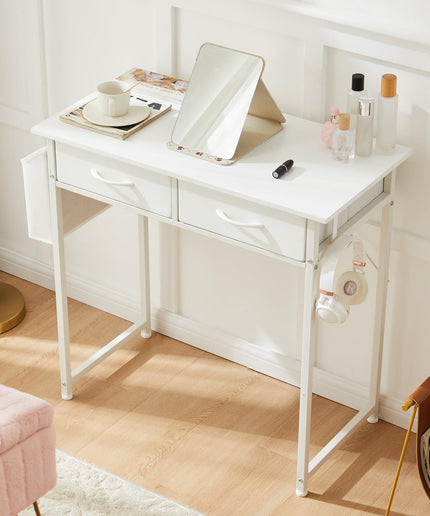 JONPONY Computer Desk Small 32 Inch Home Office Bedroom Writing Study PC Table with Fabric Storage Drawers Space Side Bag Headphone Hook Metal Frame Adjustable Feet Modern Simple Style, White Wood