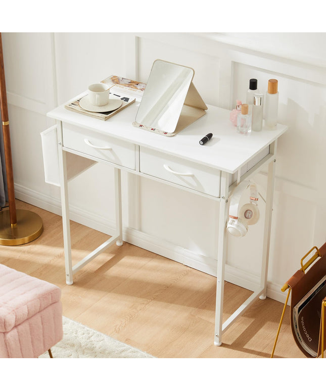 JONPONY Computer Desk Small 32 Inch Home Office Bedroom Writing Study PC Table with Fabric Storage Drawers Space Side Bag Headphone Hook Metal Frame Adjustable Feet Modern Simple Style, White Wood