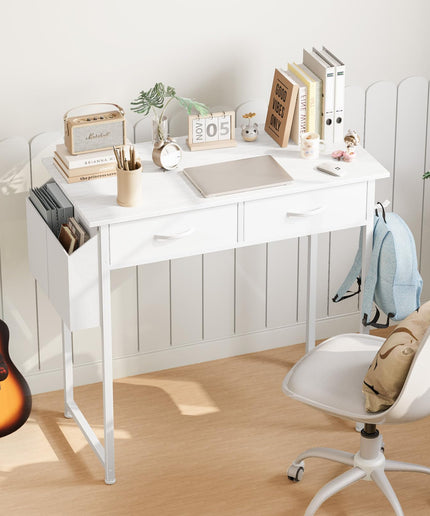 JONPONY Computer Desk Small 32 Inch Home Office Bedroom Writing Study PC Table with Fabric Storage Drawers Space Side Bag Headphone Hook Metal Frame Adjustable Feet Modern Simple Style, White Wood
