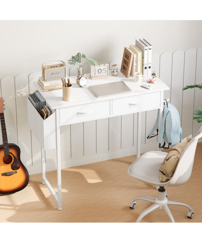 JONPONY Computer Desk Small 32 Inch Home Office Bedroom Writing Study PC Table with Fabric Storage Drawers Space Side Bag Headphone Hook Metal Frame Adjustable Feet Modern Simple Style, White Wood