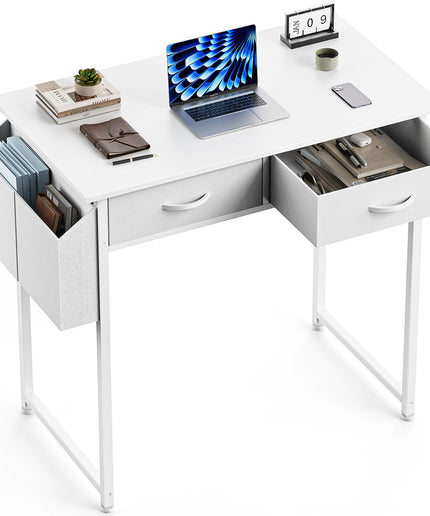 JONPONY Computer Desk Small 32 Inch Home Office Bedroom Writing Study PC Table with Fabric Storage Drawers Space Side Bag Headphone Hook Metal Frame Adjustable Feet Modern Simple Style, White Wood