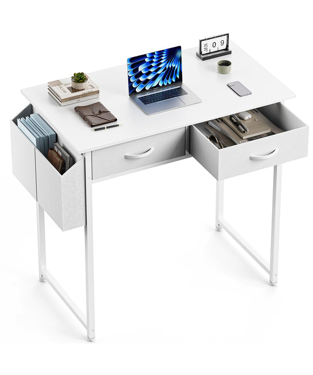 JONPONY Computer Desk Small 32 Inch Home Office Bedroom Writing Study PC Table with Fabric Storage Drawers Space Side Bag Headphone Hook Metal Frame Adjustable Feet Modern Simple Style, White Wood