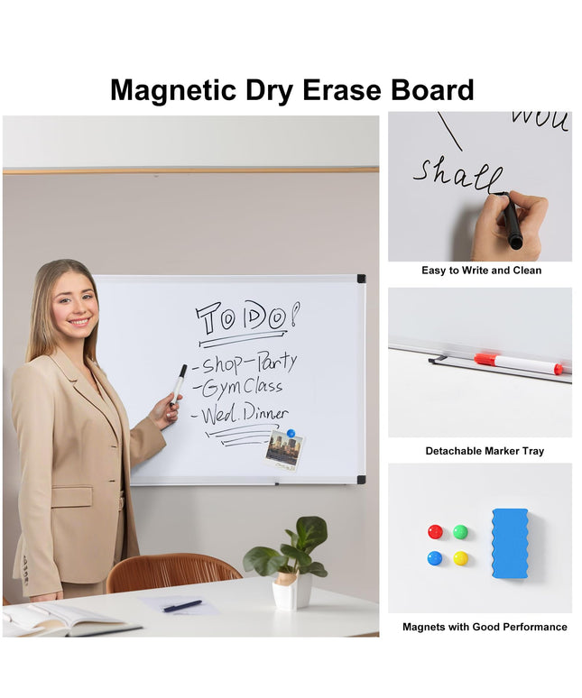 JONPONY Magnetic White Board, Dry Erase Board for Wall 36" x 24", Whiteboard with 1 Dry Eraser & 2 Multicolor Markers & 4 Magnetic Pins, Aluminium Frame for Home, School, Office, White