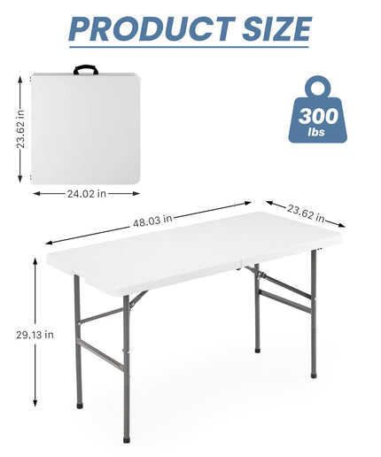 JONPONY 4 FT Folding Picnic Table, Heavy Duty Outdoor Plastic Table with Carrying Handle, Portable Camping Table for Dining, Party, BBQ, White