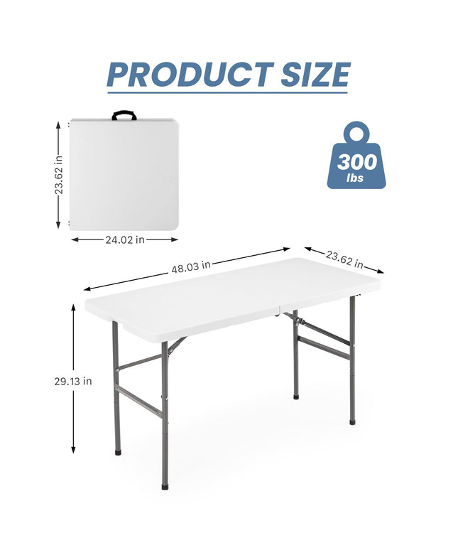 JONPONY 4 FT Folding Picnic Table, Heavy Duty Outdoor Plastic Table with Carrying Handle, Portable Camping Table for Dining, Party, BBQ, White