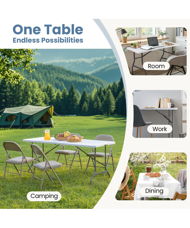JONPONY 4 FT Folding Picnic Table, Heavy Duty Outdoor Plastic Table with Carrying Handle, Portable Camping Table for Dining, Party, BBQ, White