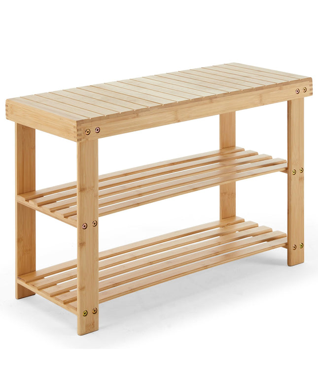JONPONY Shoe Rack Bench, 3-Tier Bamboo Entryway Storage Organizer, 286lb Capacity, Shoes Stand for FrontDoor Entrance, Bedroom, Living Room, Bathroom, Balcony, 11.3 x 27.6 x 17.8 Inches, Wood