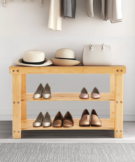 JONPONY Shoe Rack Bench, 3-Tier Bamboo Entryway Storage Organizer, 286lb Capacity, Shoes Stand for FrontDoor Entrance, Bedroom, Living Room, Bathroom, Balcony, 11.3 x 27.6 x 17.8 Inches, Wood