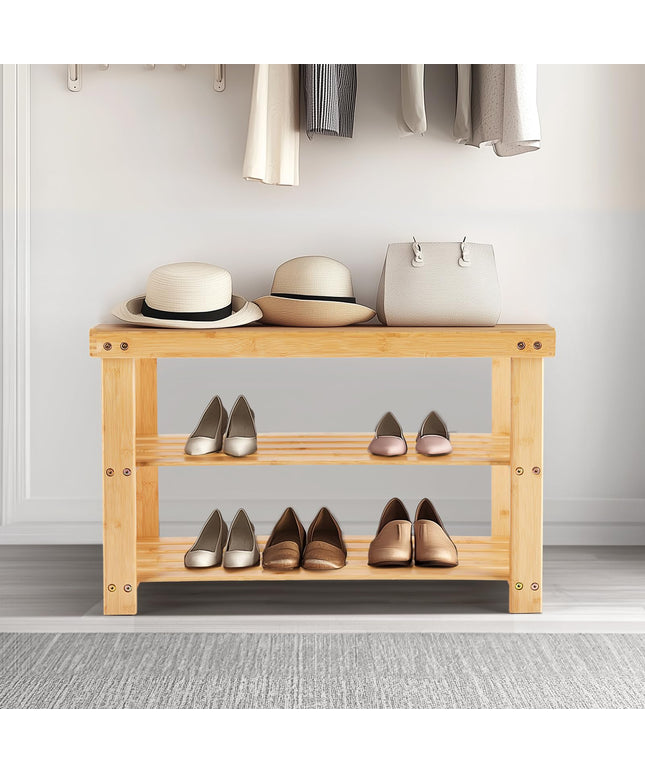 JONPONY Shoe Rack Bench, 3-Tier Bamboo Entryway Storage Organizer, 286lb Capacity, Shoes Stand for FrontDoor Entrance, Bedroom, Living Room, Bathroom, Balcony, 11.3 x 27.6 x 17.8 Inches, Wood