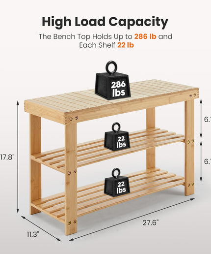JONPONY Shoe Rack Bench, 3-Tier Bamboo Entryway Storage Organizer, 286lb Capacity, Shoes Stand for FrontDoor Entrance, Bedroom, Living Room, Bathroom, Balcony, 11.3 x 27.6 x 17.8 Inches, Wood