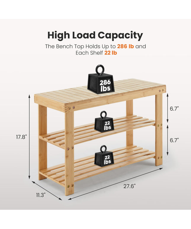 JONPONY Shoe Rack Bench, 3-Tier Bamboo Entryway Storage Organizer, 286lb Capacity, Shoes Stand for FrontDoor Entrance, Bedroom, Living Room, Bathroom, Balcony, 11.3 x 27.6 x 17.8 Inches, Wood