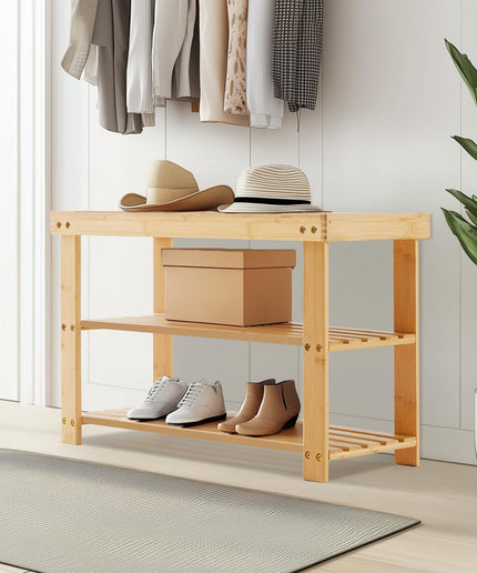 JONPONY Shoe Rack Bench, 3-Tier Bamboo Entryway Storage Organizer, 286lb Capacity, Shoes Stand for FrontDoor Entrance, Bedroom, Living Room, Bathroom, Balcony, 11.3 x 27.6 x 17.8 Inches, Wood