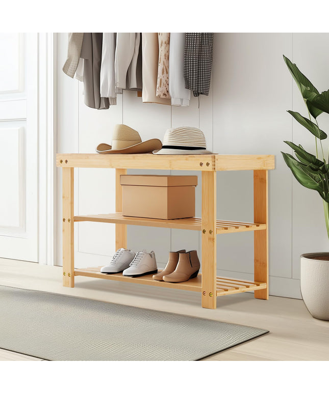 JONPONY Shoe Rack Bench, 3-Tier Bamboo Entryway Storage Organizer, 286lb Capacity, Shoes Stand for FrontDoor Entrance, Bedroom, Living Room, Bathroom, Balcony, 11.3 x 27.6 x 17.8 Inches, Wood