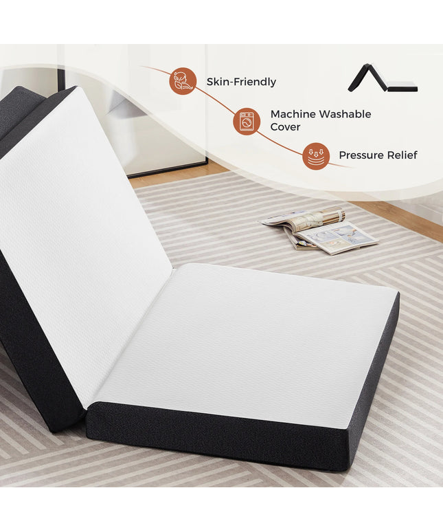 JONPONY Folding Mattress, 4 inch Tri-fold Memory Foam Mattress Topper for Camping, Foldable Mattress Topper with Washable Cover, Single Size, White, Perfect for Guests or Travelers