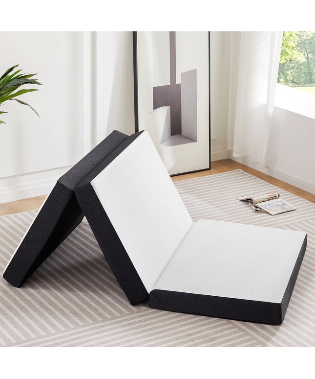 JONPONY Folding Mattress, 4 inch Tri-fold Memory Foam Mattress Topper for Camping, Foldable Mattress Topper with Washable Cover, Single Size, White, Perfect for Guests or Travelers